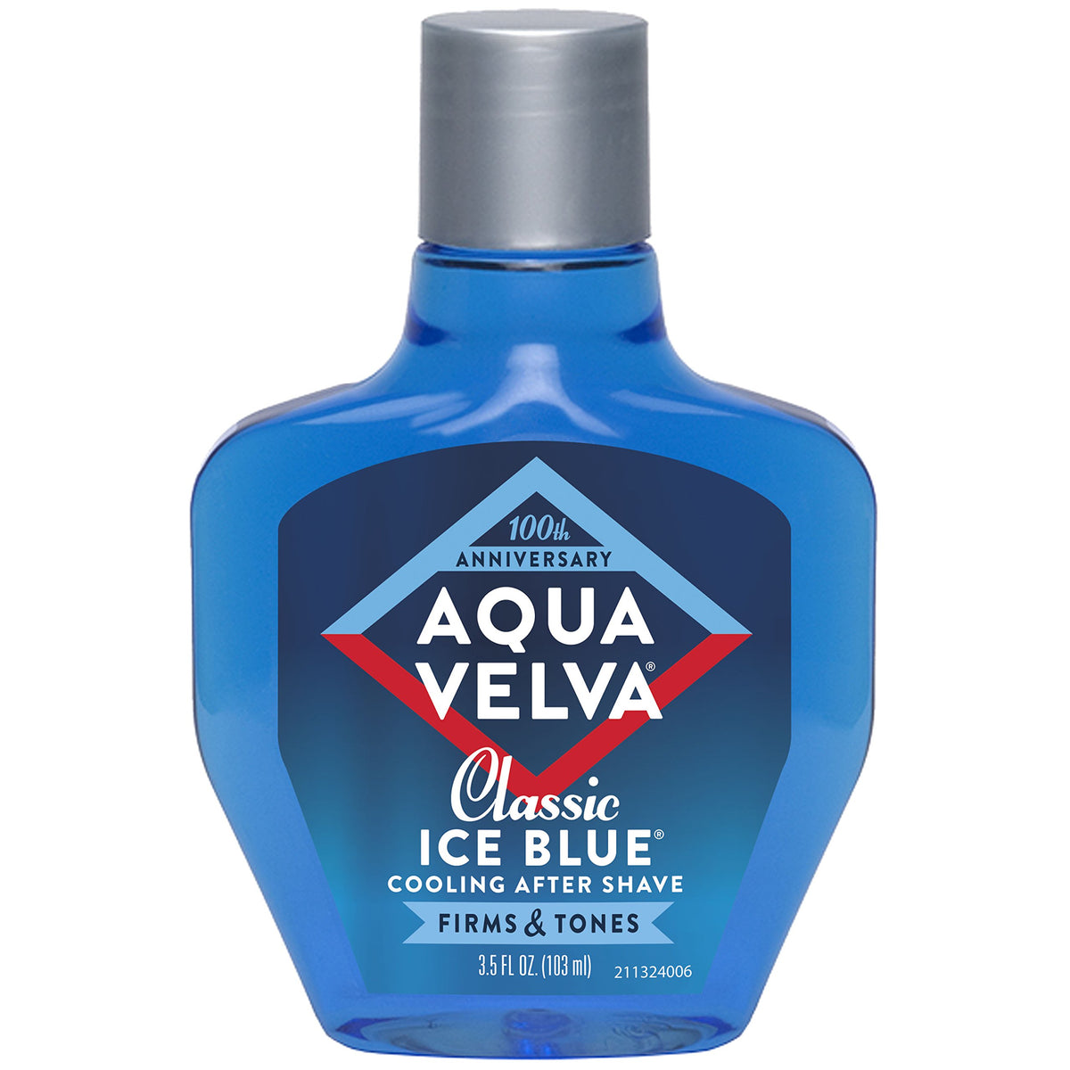 Aqua Velva Classic Ice Blue bottle shows refreshing after-shave experience