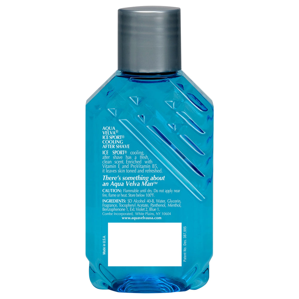 Compact, shatter-proof Aqua Velva bottle ideal for travel and on-the-go grooming.