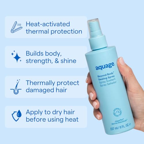 Aplicación de Aquage Beyond Body Sealing Spray en las manos para control del frizz.