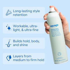 Aquage Finishing Spray bottle shows buildable hold with easy brushing.