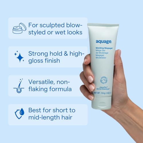 Aquage Molding Megagel high-gloss finish enhances sleek professional blowouts.