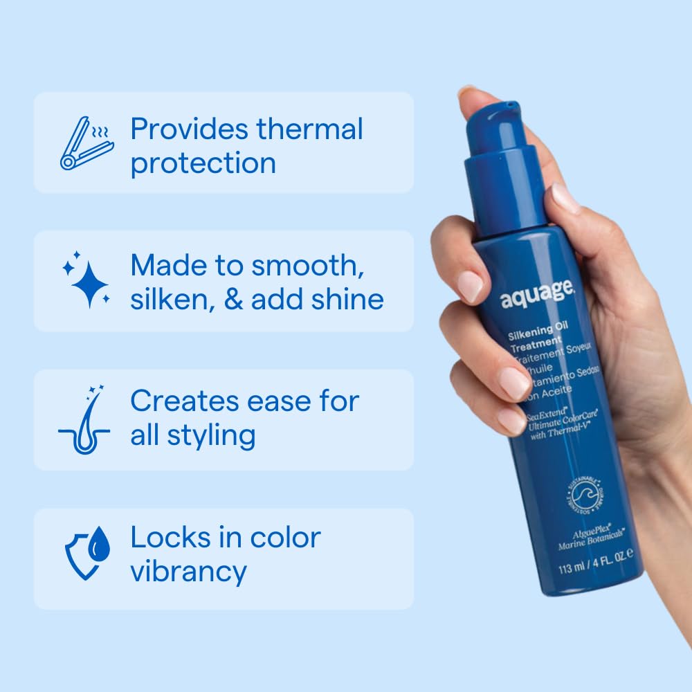 Hands applying Aquage SeaExtend Silkening Oil Treatment for sleek styling.