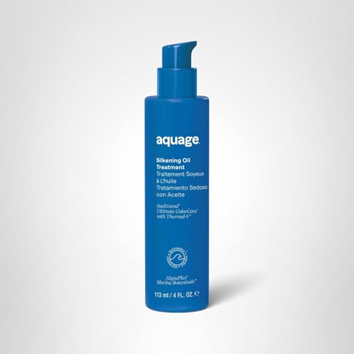 Vanity display featuring Aquage SeaExtend Silkening Oil Treatment and its colorless formula.
