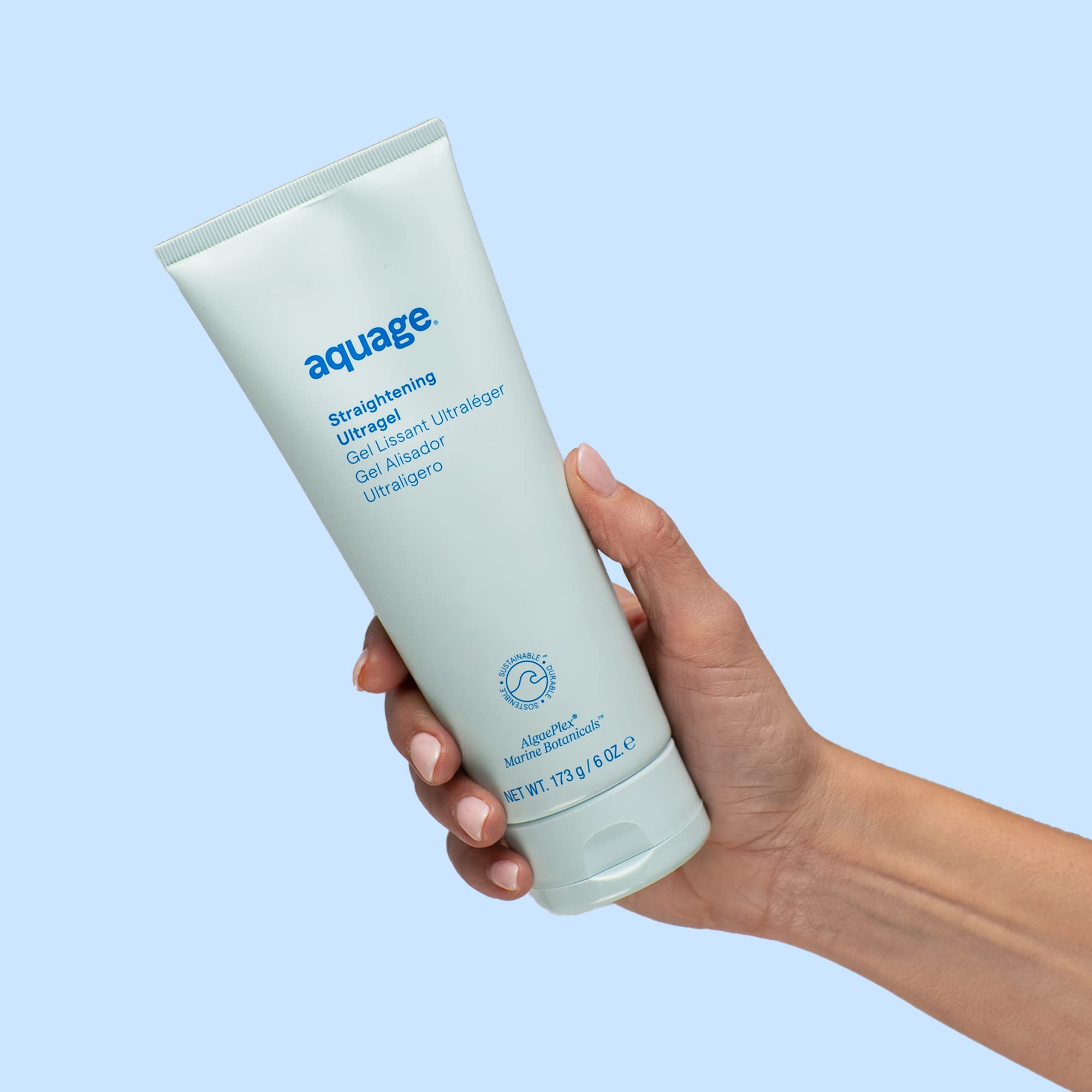 Close-up of shiny, frizz-free hair after using Aquage Ultragel.