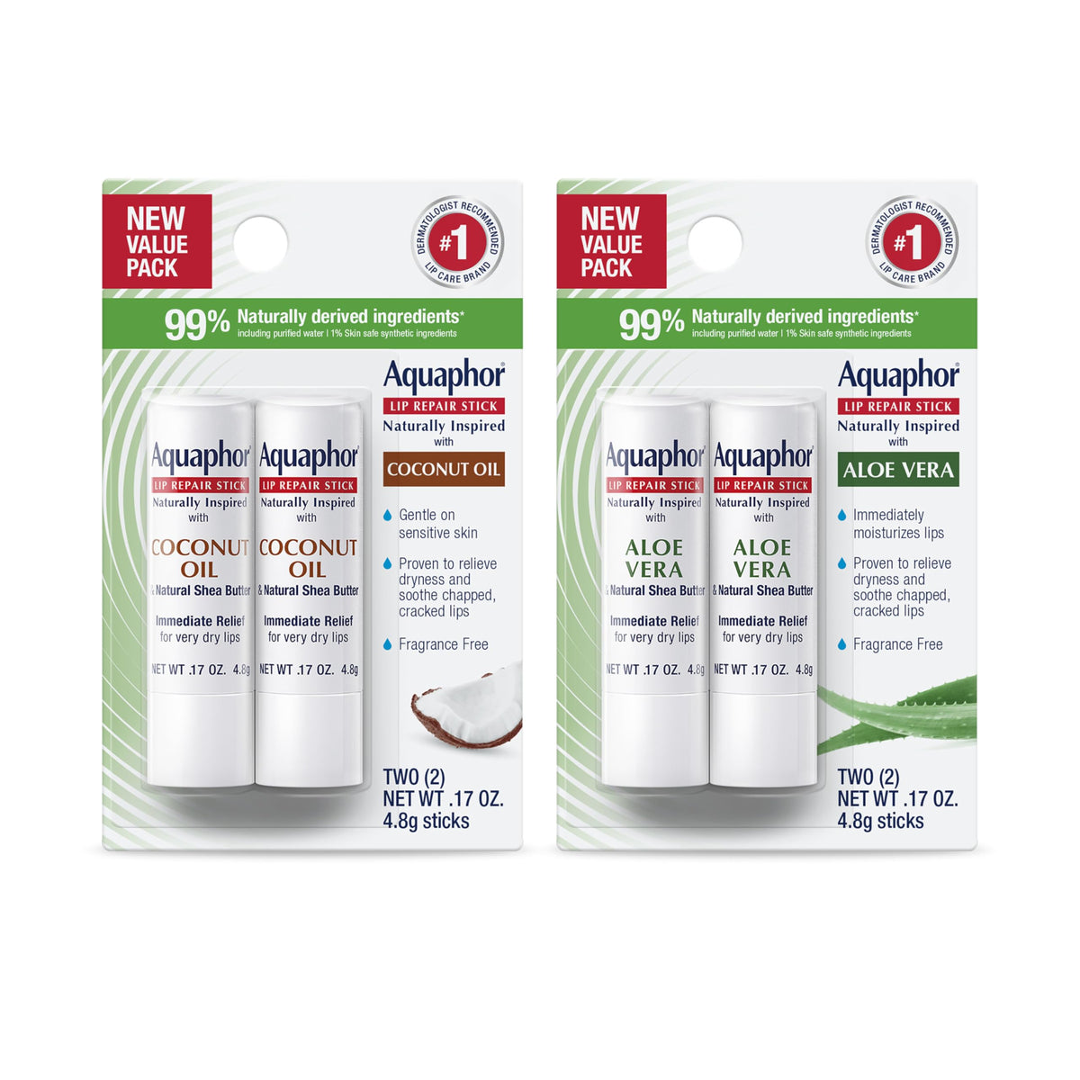 Aquaphor bálsamo labial reparador inspirado naturalmente con coco, hidrata en climas fríos.