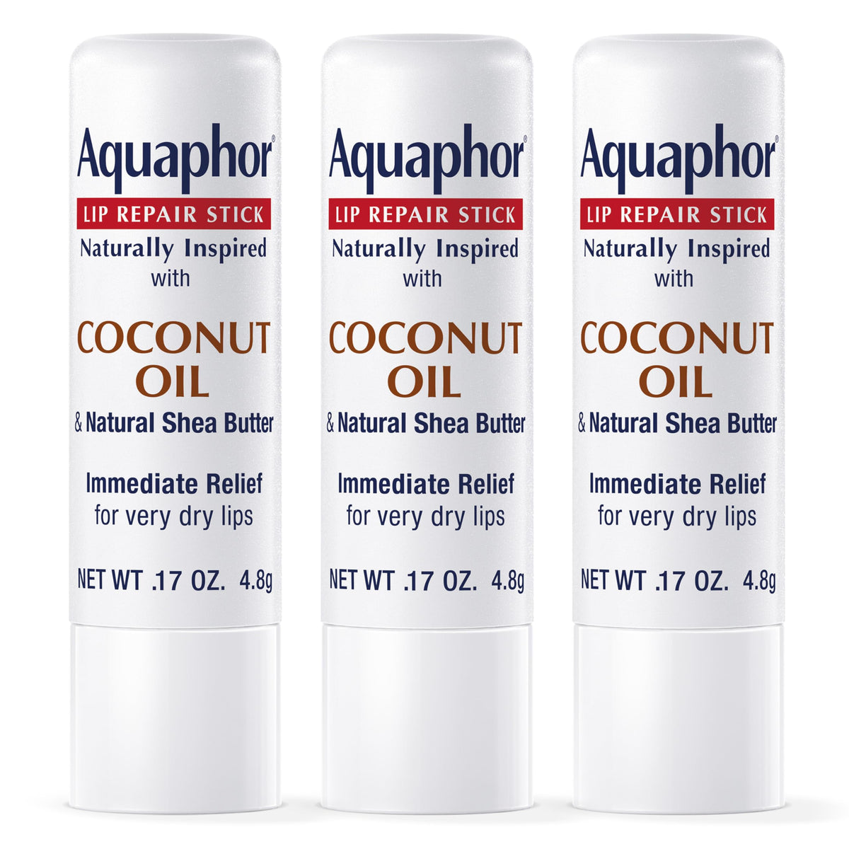 Aquaphor barra reparadora de labios con coco, hidratación rápida.