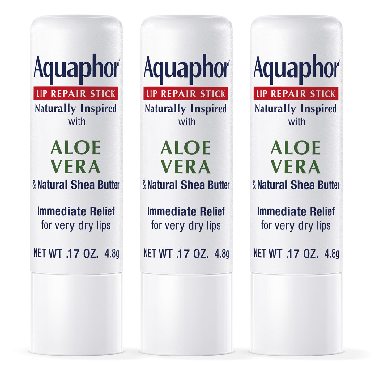 La barrita reparadora Aquaphor inspirada naturalmente con aloe vera para labios secos.