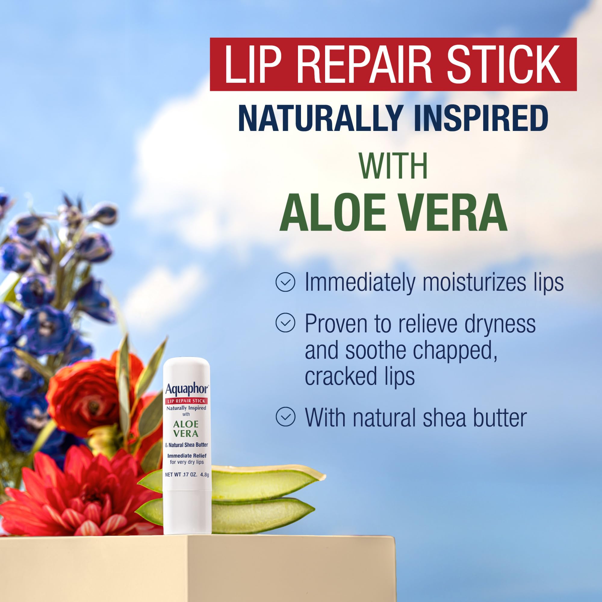 Aquaphor Aloe Vera ingredient detail highlights soothing lip care.