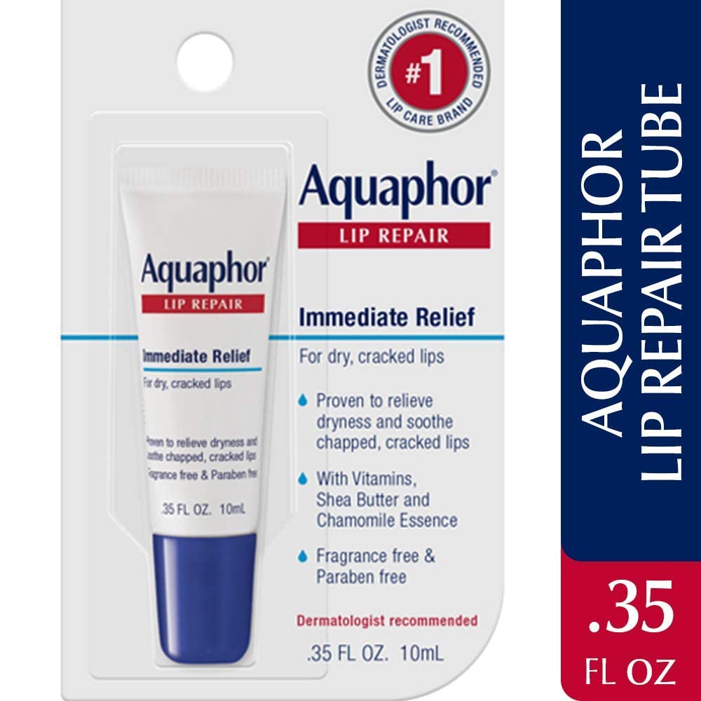 Close view of Aquaphor Lip Repair ingredients including shea butter and chamomile.