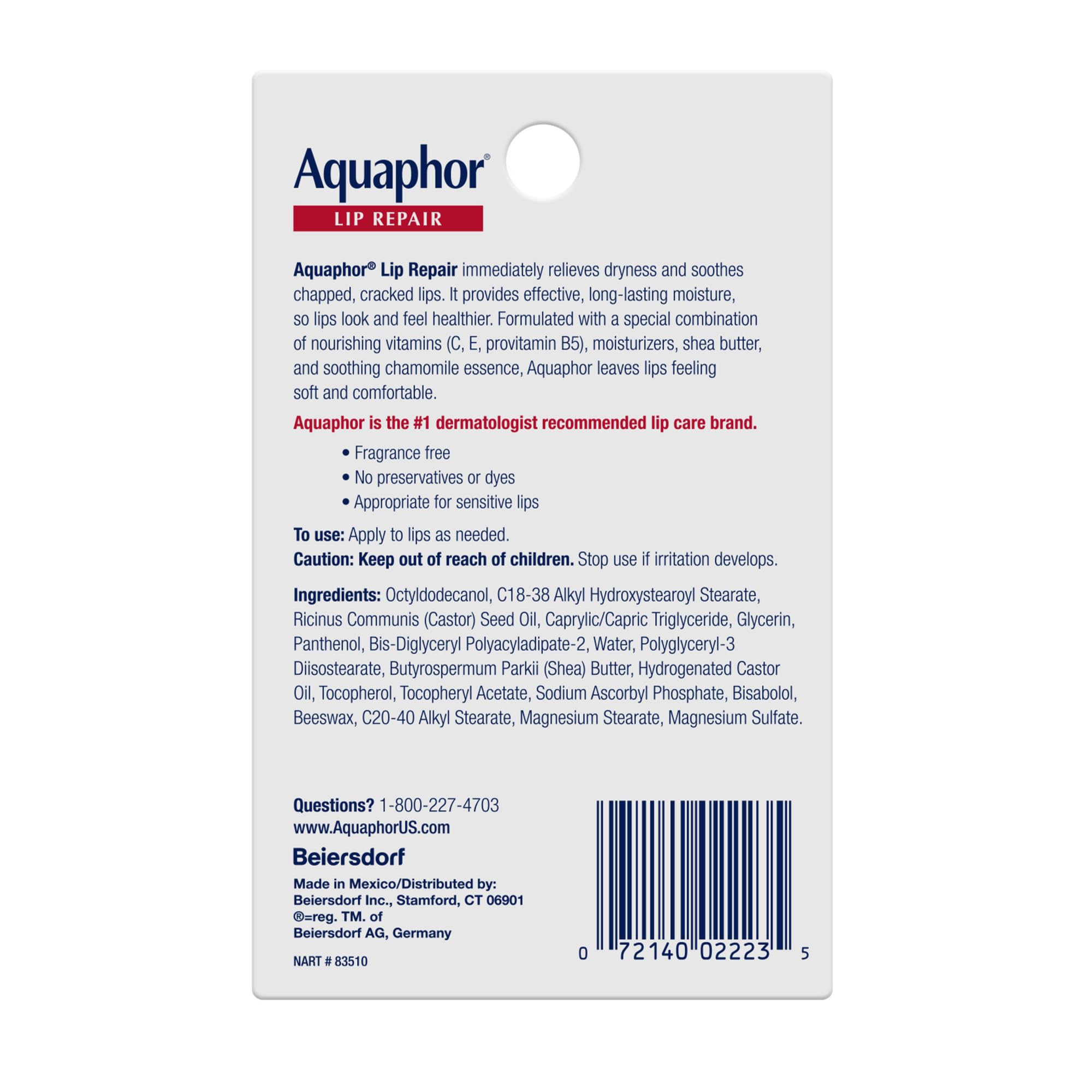 Shea Butter and Chamomile essence visible in Aquaphor Lip Repair.