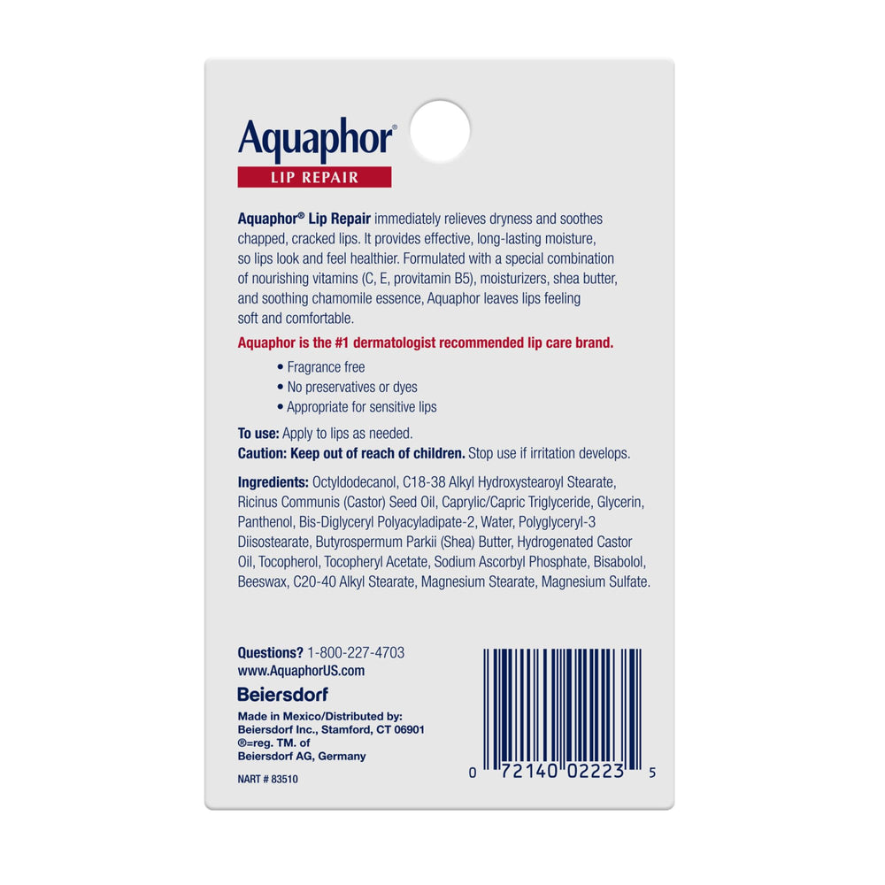 Shea Butter and Chamomile essence visible in Aquaphor Lip Repair.