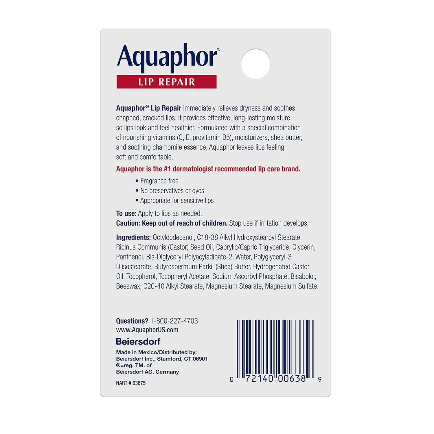 Aquaphor Lip Repair packaging highlights fragrance-free formula for sensitive lips.