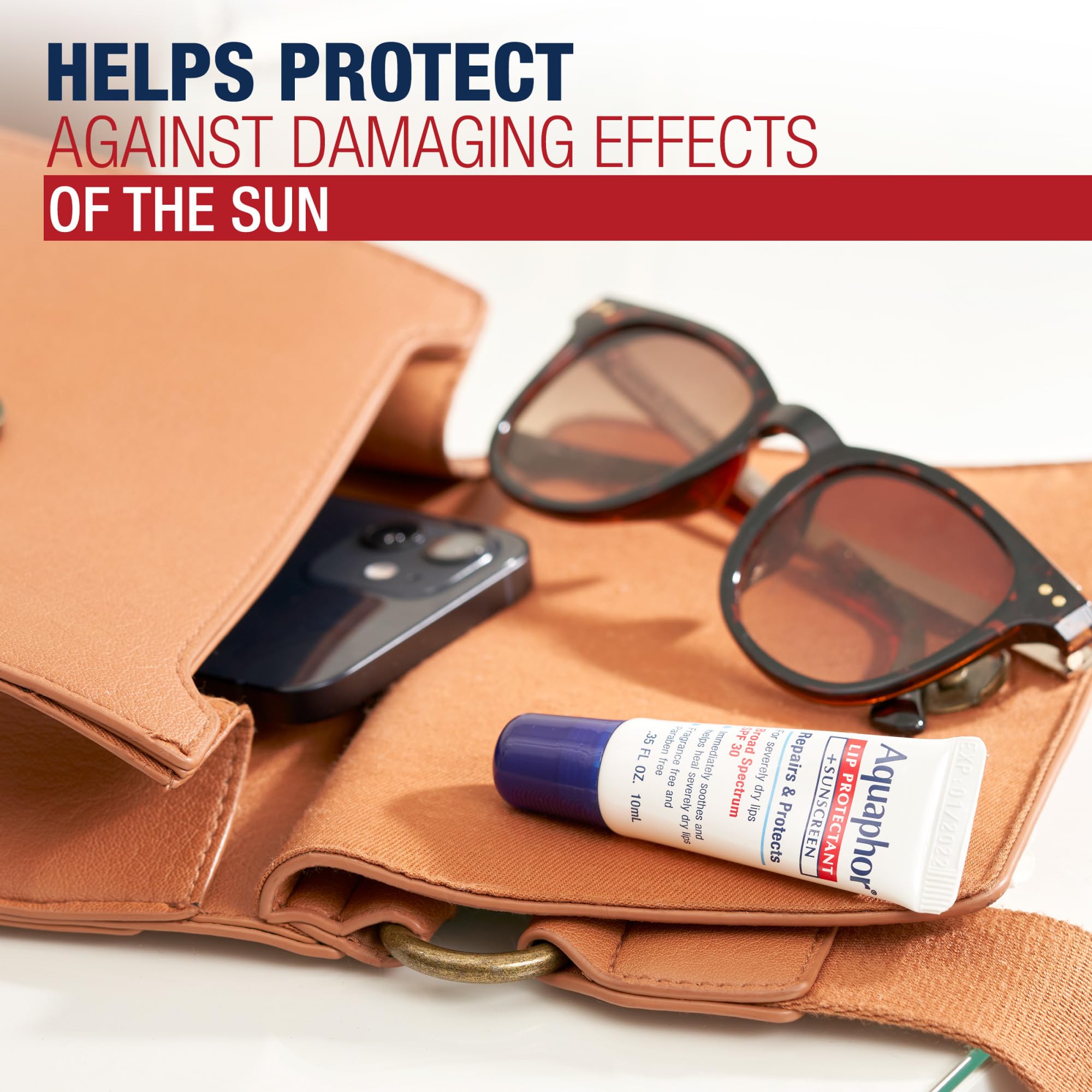 Compact Aquaphor lip balm fits easily in pocket for sun protection.