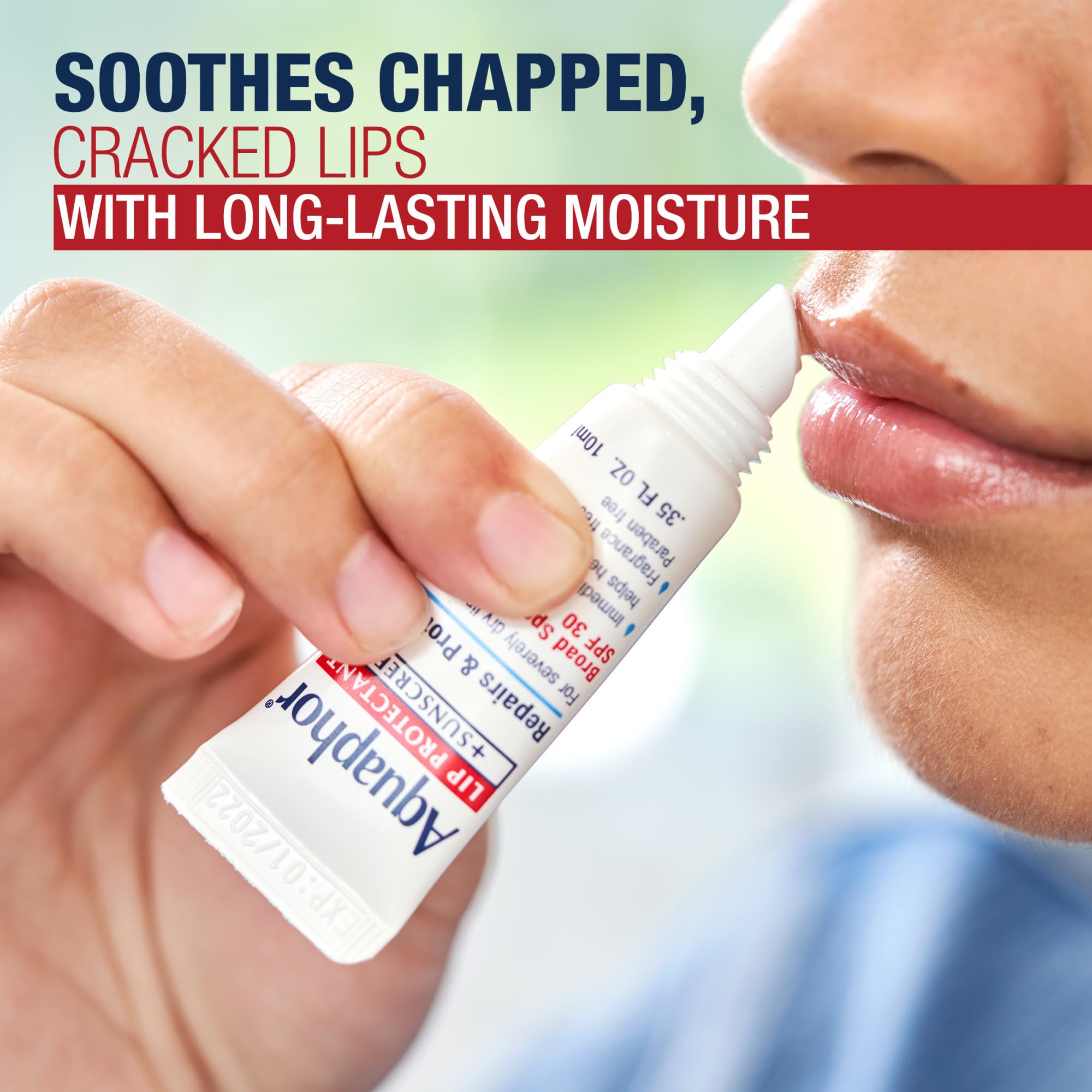 Lips protected with Aquaphor Lip Repair SPF 30 outdoors in wind.