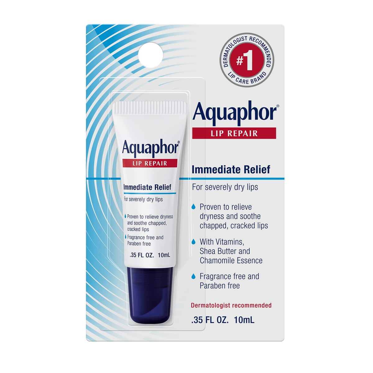 Aquaphor Lip Repair Ointment tube closeup showing long-lasting moisture for dry lips.
