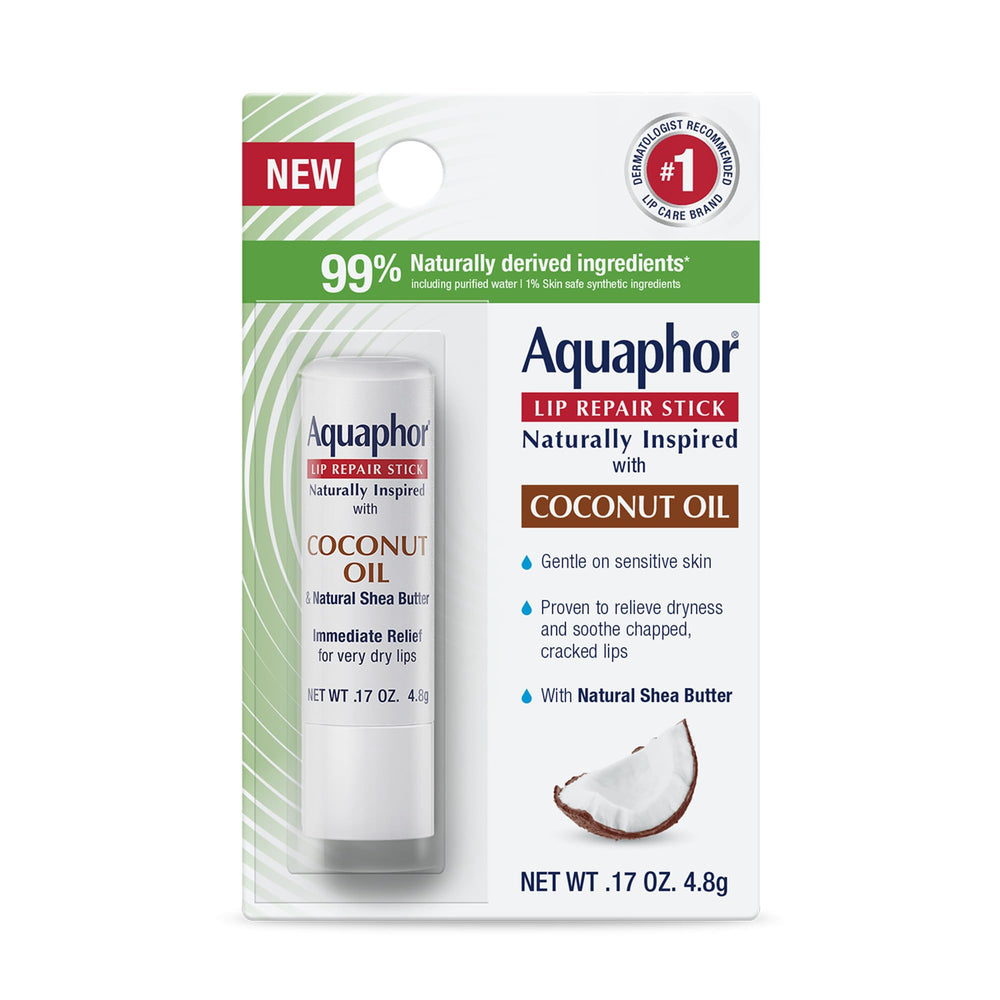 Aquaphor Lip Repair Stick with coconut oil for hydrated, smooth lips.