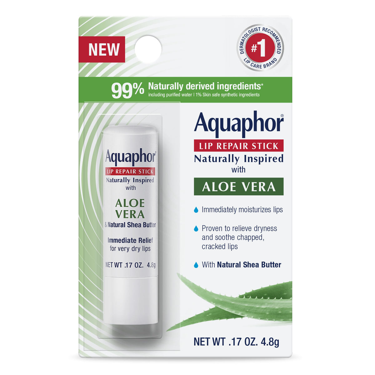 Aquaphor Naturally Inspired Lip Repair Stick packaging highlights brand design for easy shopping.