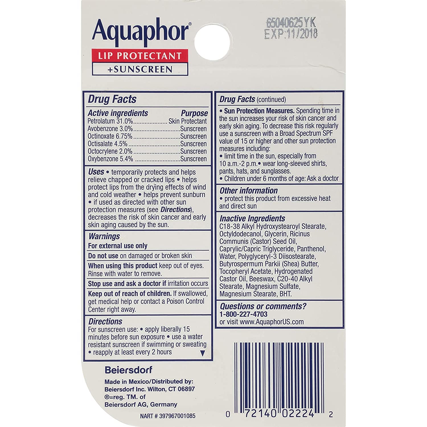 Aquaphor proteccion labios SPF30: protección solar para labios sensibles.