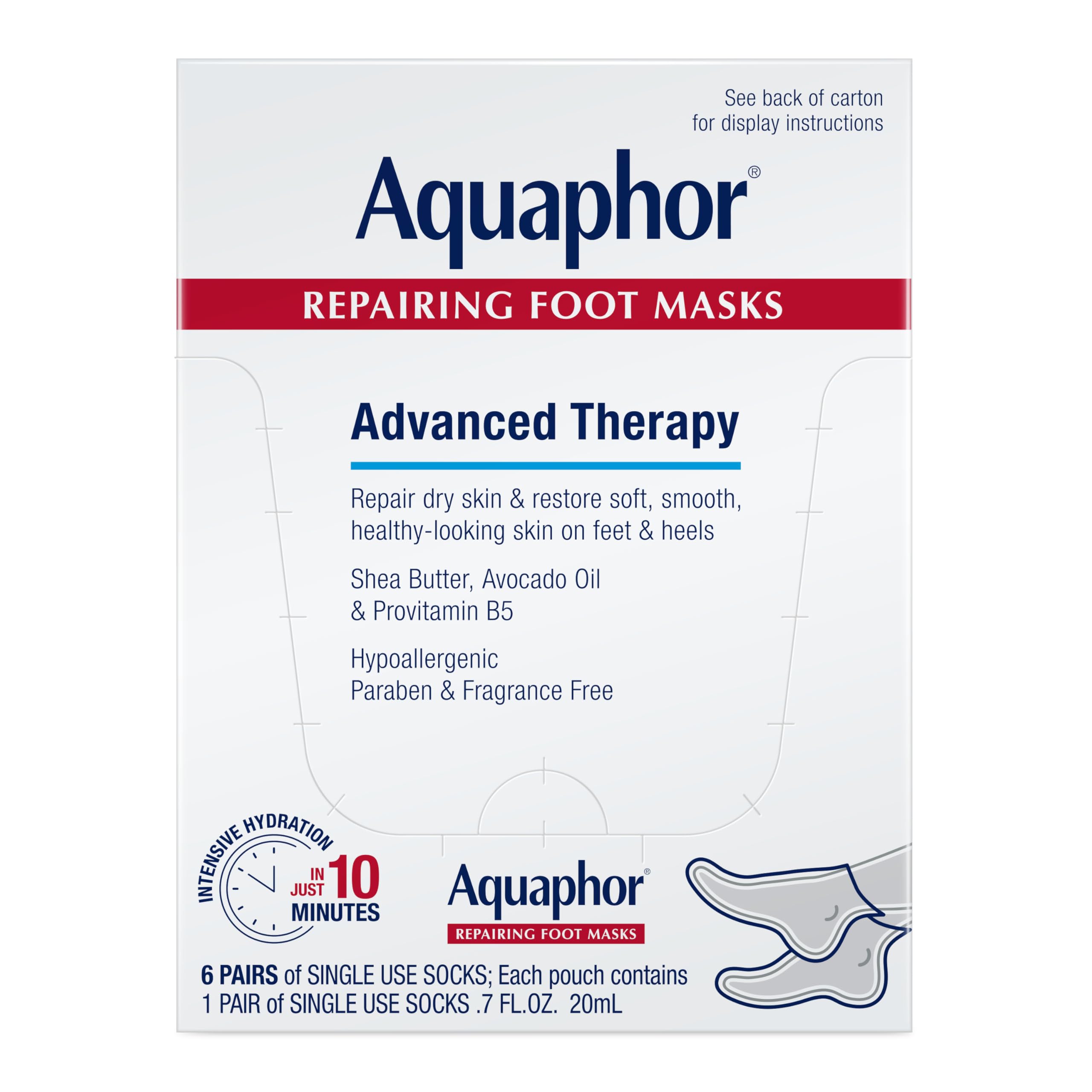 Aquaphor Repairing Foot Masks applied on clean feet for deep hydration.