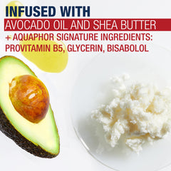 Close-up of avocado oil and shea butter in Aquaphor masks for nourishment.