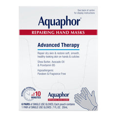 Aquaphor Repairing Hand Masks six-pair pack with moisturizing gloves for dry hands.
