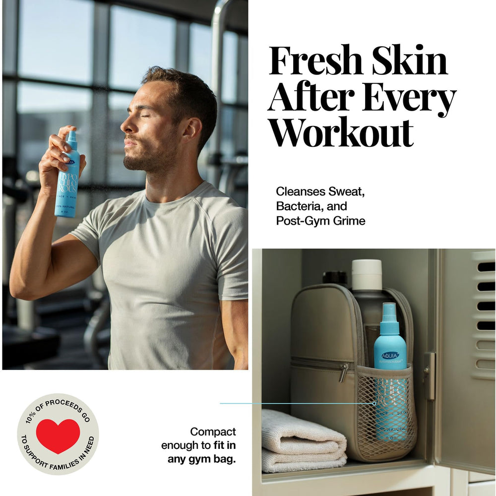 Aquia hypochlorous spray for daily use during travel and workouts.