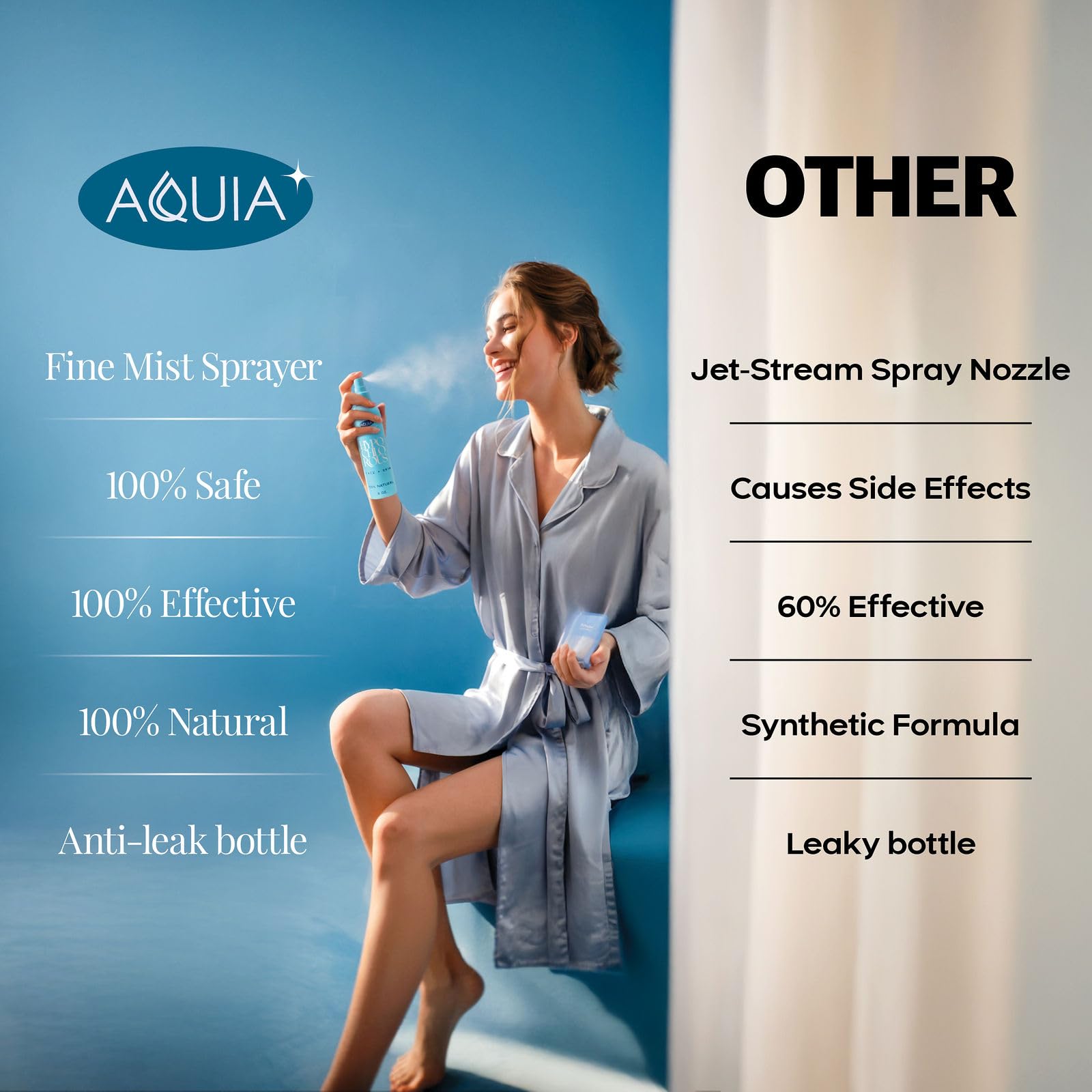 Near-eye application of Aquia spray for facial refreshment and gentle care