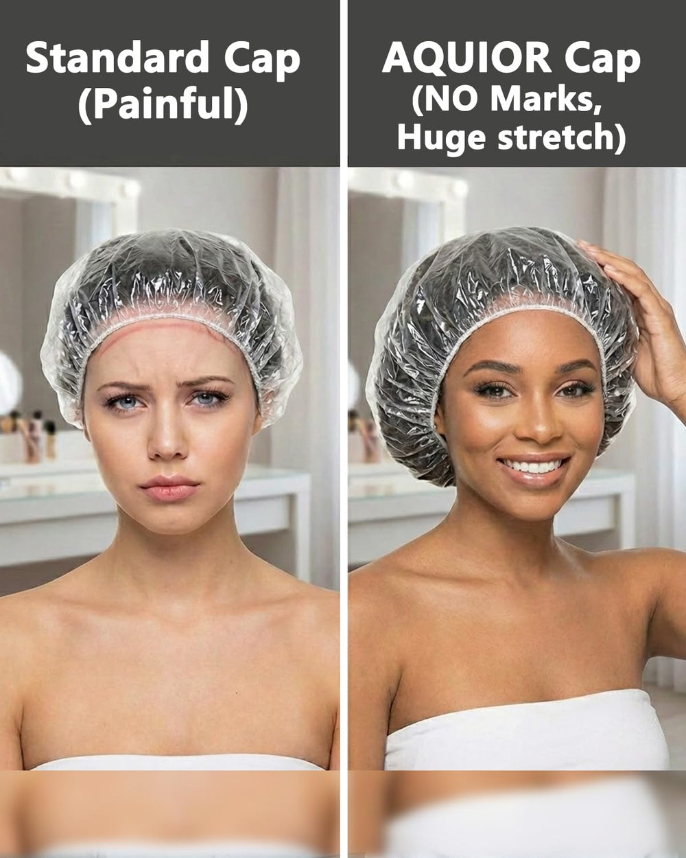 Aquior Shower Cap elastic fit demonstrates extended 17.3 inch stretch for various heads.