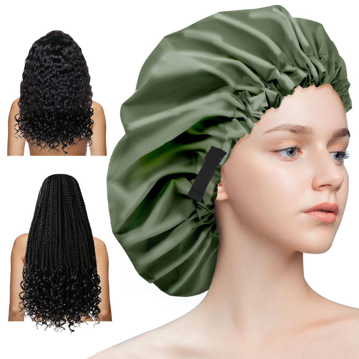 Aquior shower cap for women with adjustable wrap for a secure, comfortable fit.