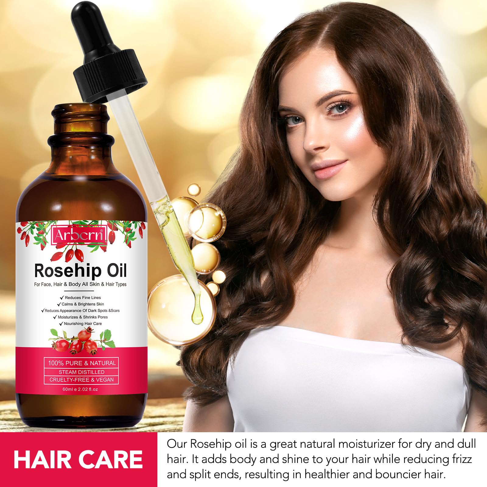 A r b c r n Rosehip oil dropper showing rich texture for skin nourishment.