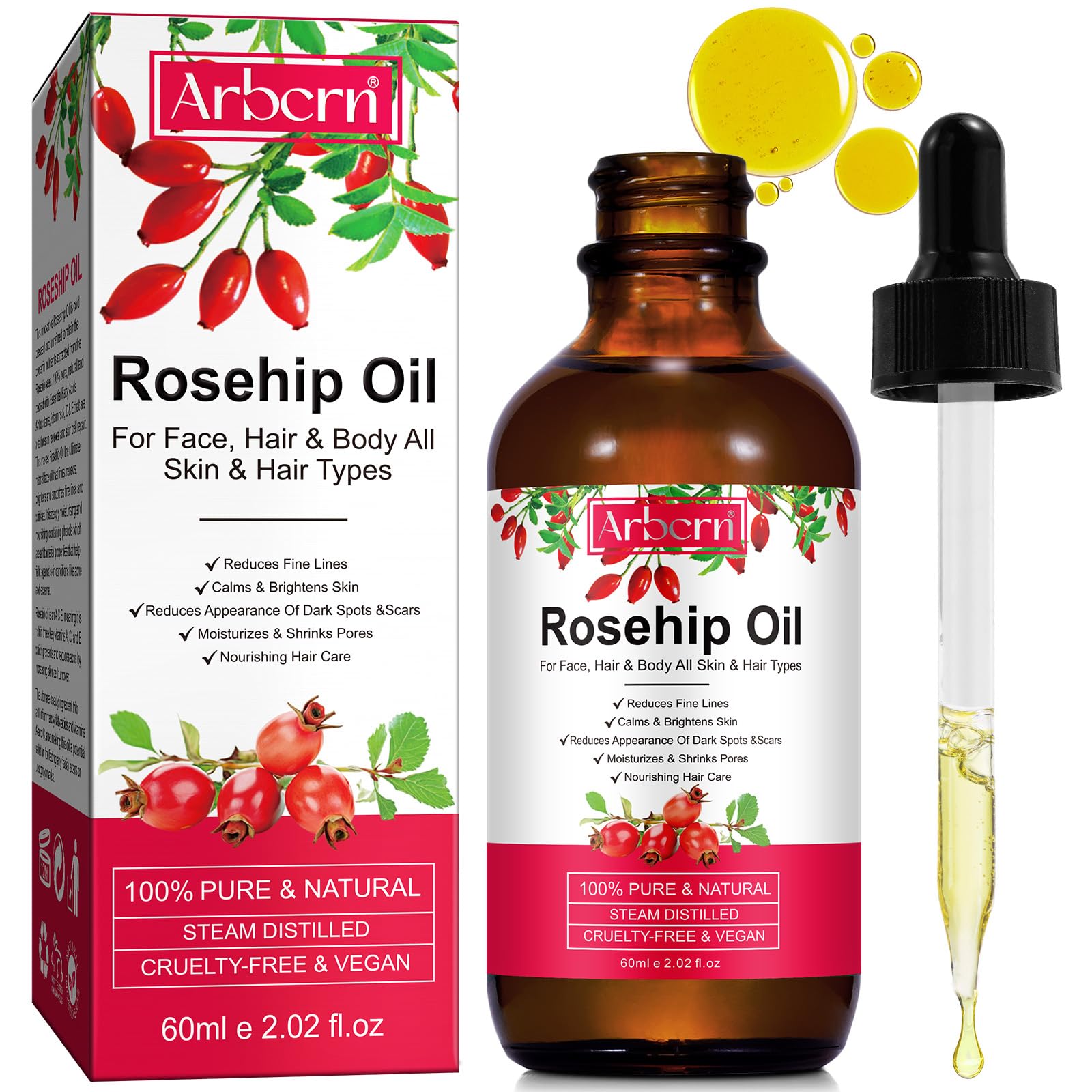 A r b c r n Rosehip oil bottle close-up for deep facial hydration.