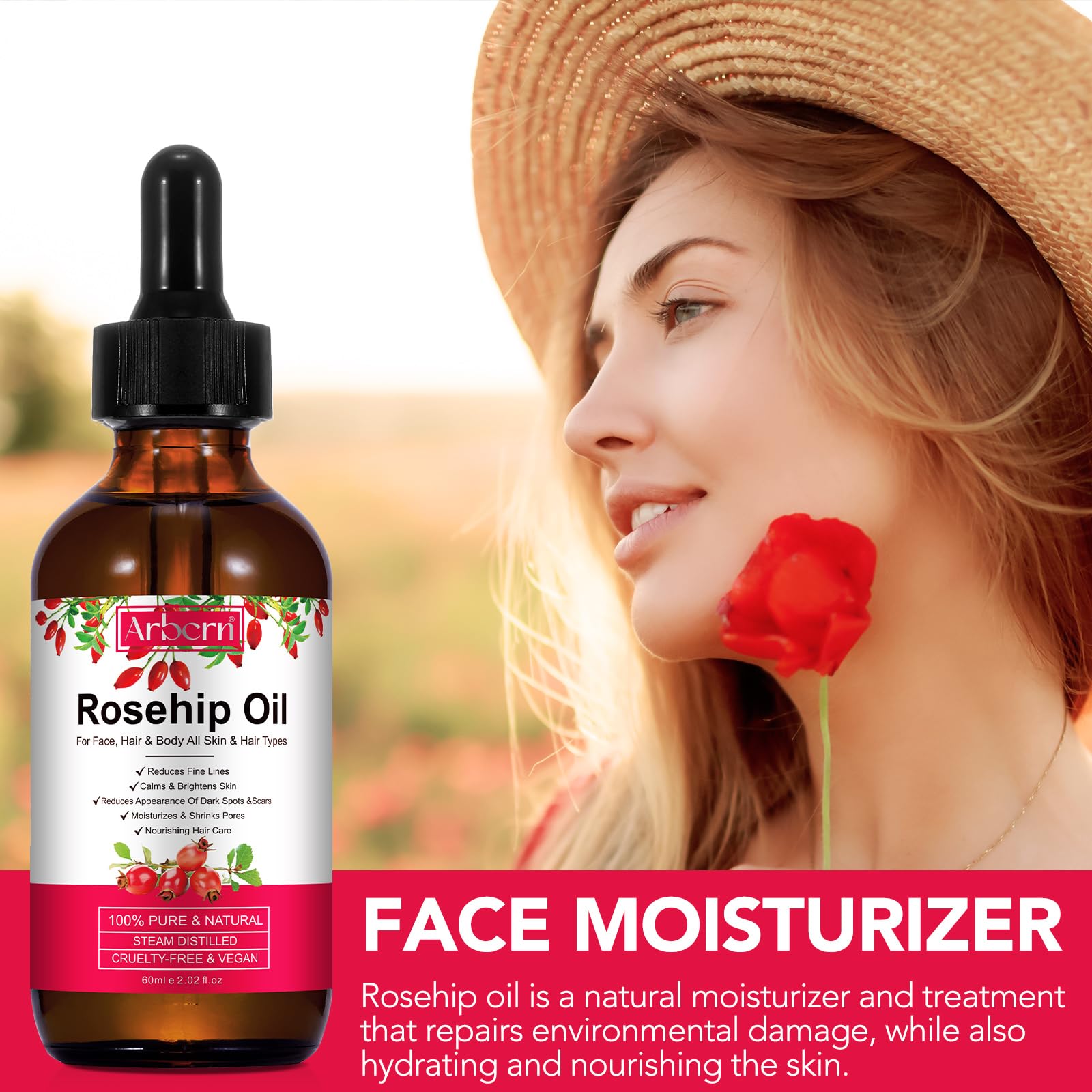 A r b c r n Rosehip oil on skin for overnight glow and moisture.