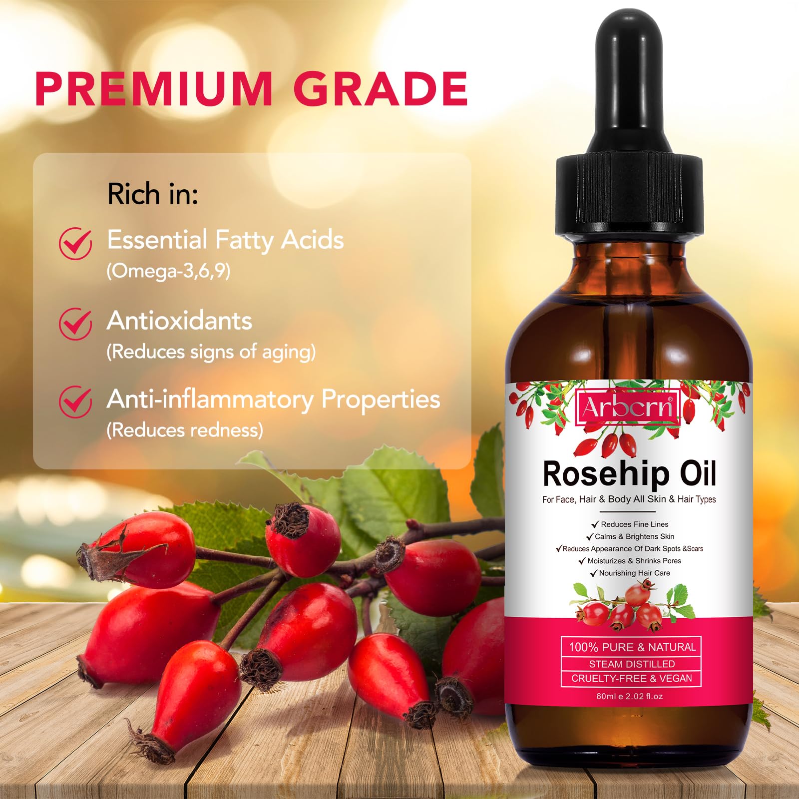 A r b c r n Rosehip oil texture drop and light application.