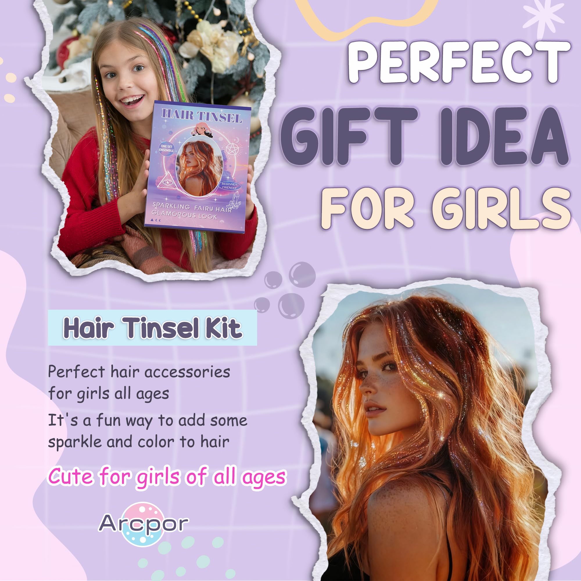 Arcpor Hair Tinsel hair clips shown for quick, mess-free application