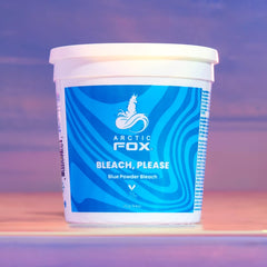 ARCTIC FOX blue powder bleach off-scalp result toward bright platinum with neutralized tones