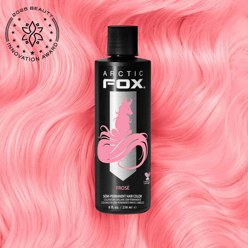 ARCTIC FOX FROSE pink swatch demonstrates pastel shade on pre-lightened hair
