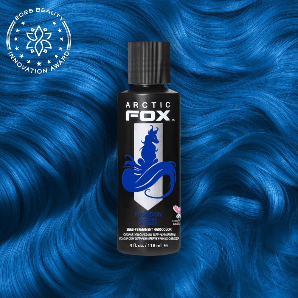 Arctic Fox Poseidon Blue color swatches illustrating rich blue tones and fade