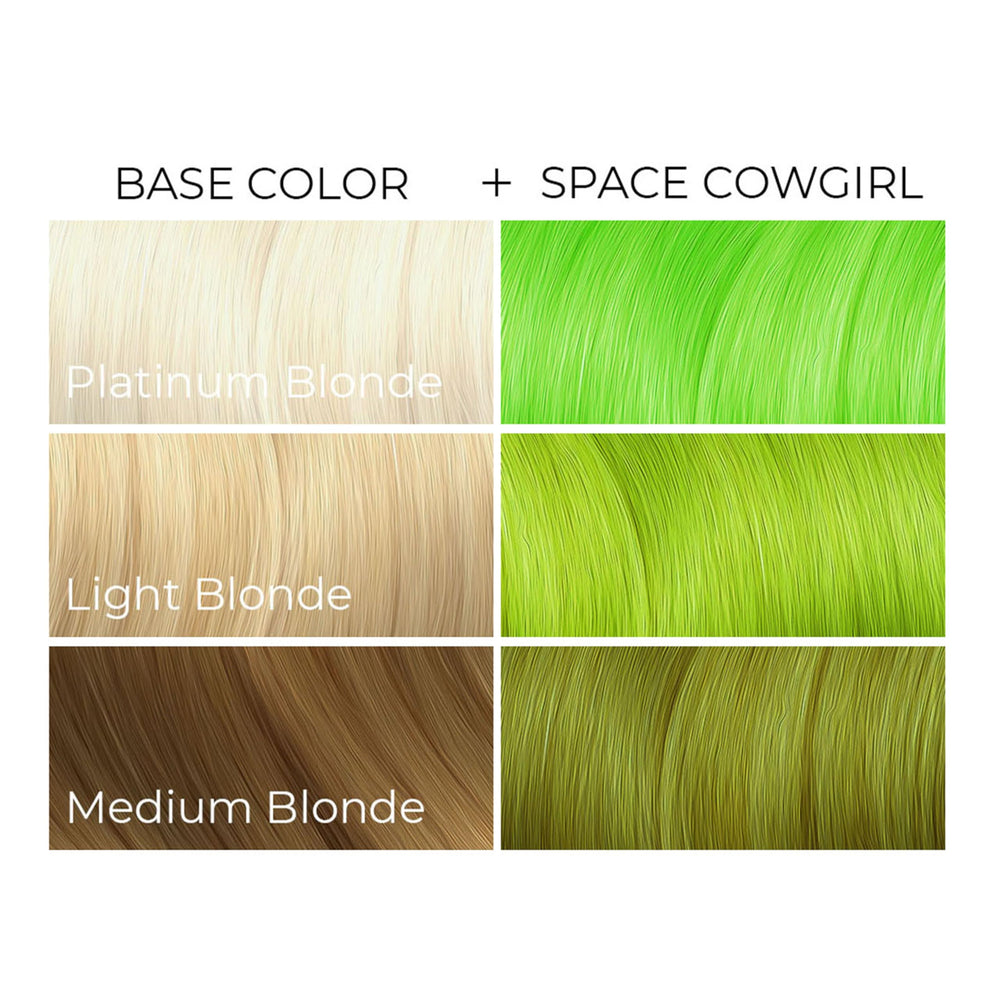 Arctic Fox Space Cowgirl on pre-lightened hair delivers vivid green payoff.