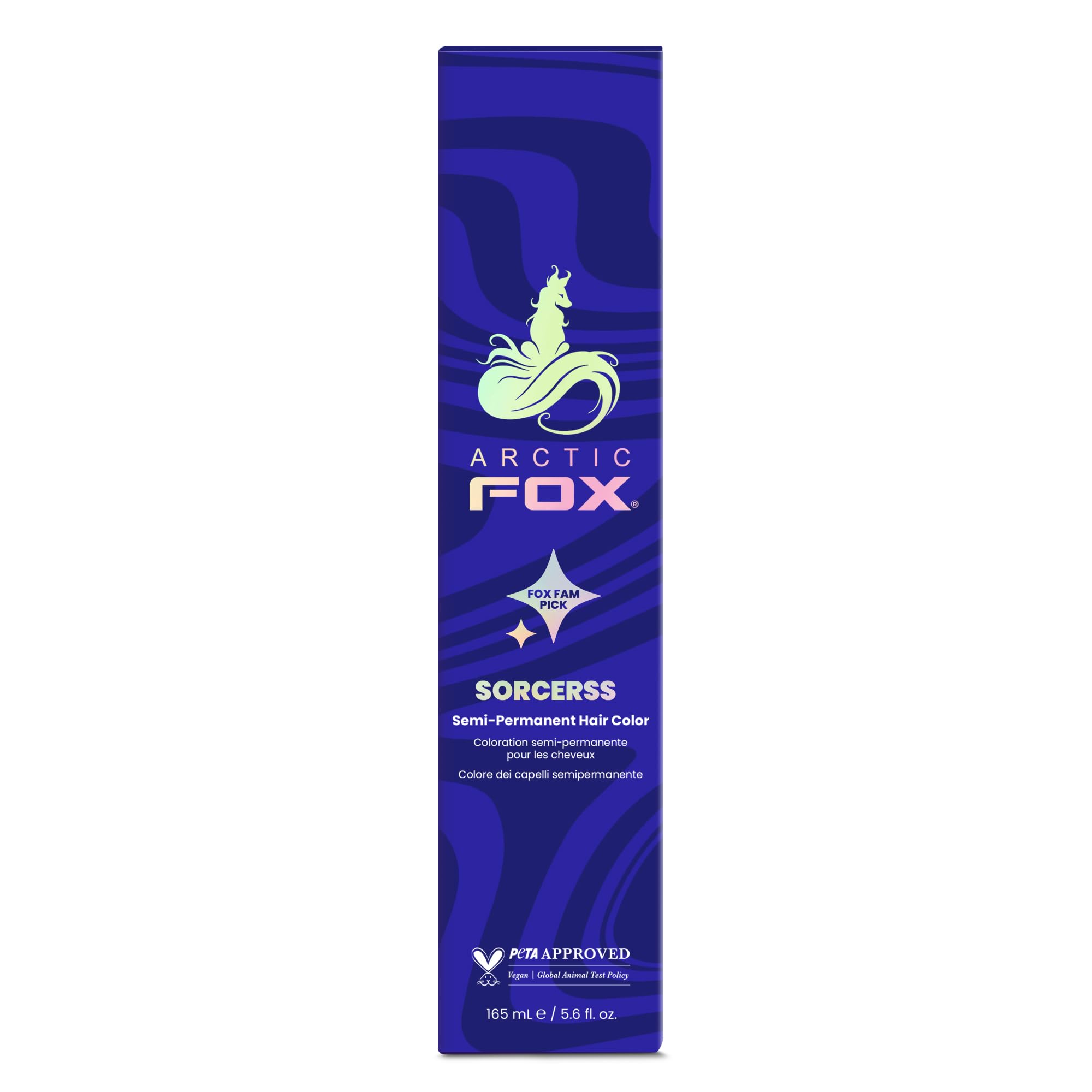 Arctic Fox Sorceress Midnight Blue bottle showing the vegan conditioning dye.
