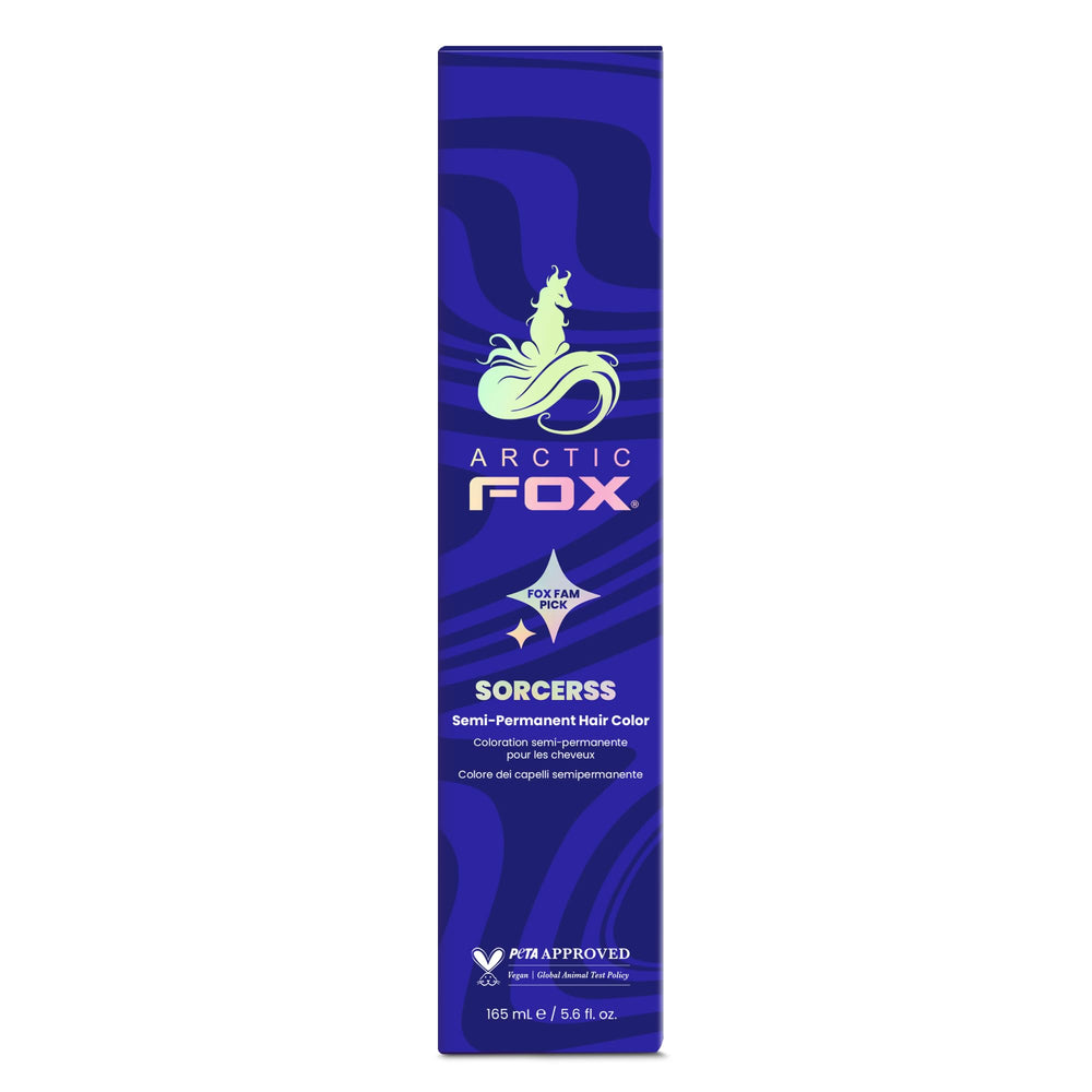 Arctic Fox Sorceress Midnight Blue bottle showing the vegan conditioning dye.