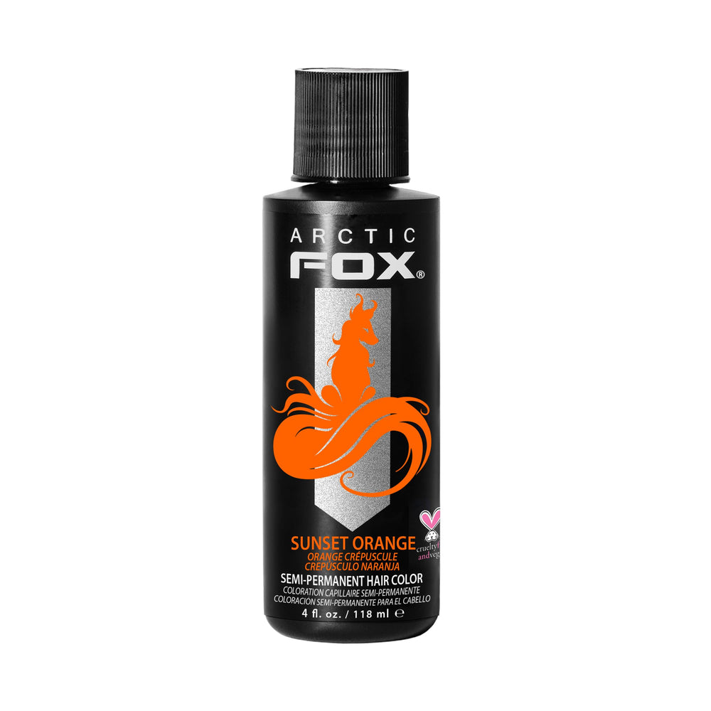 ARCTIC FOX Sunset Orange bottle and color swatches for vibrant results.