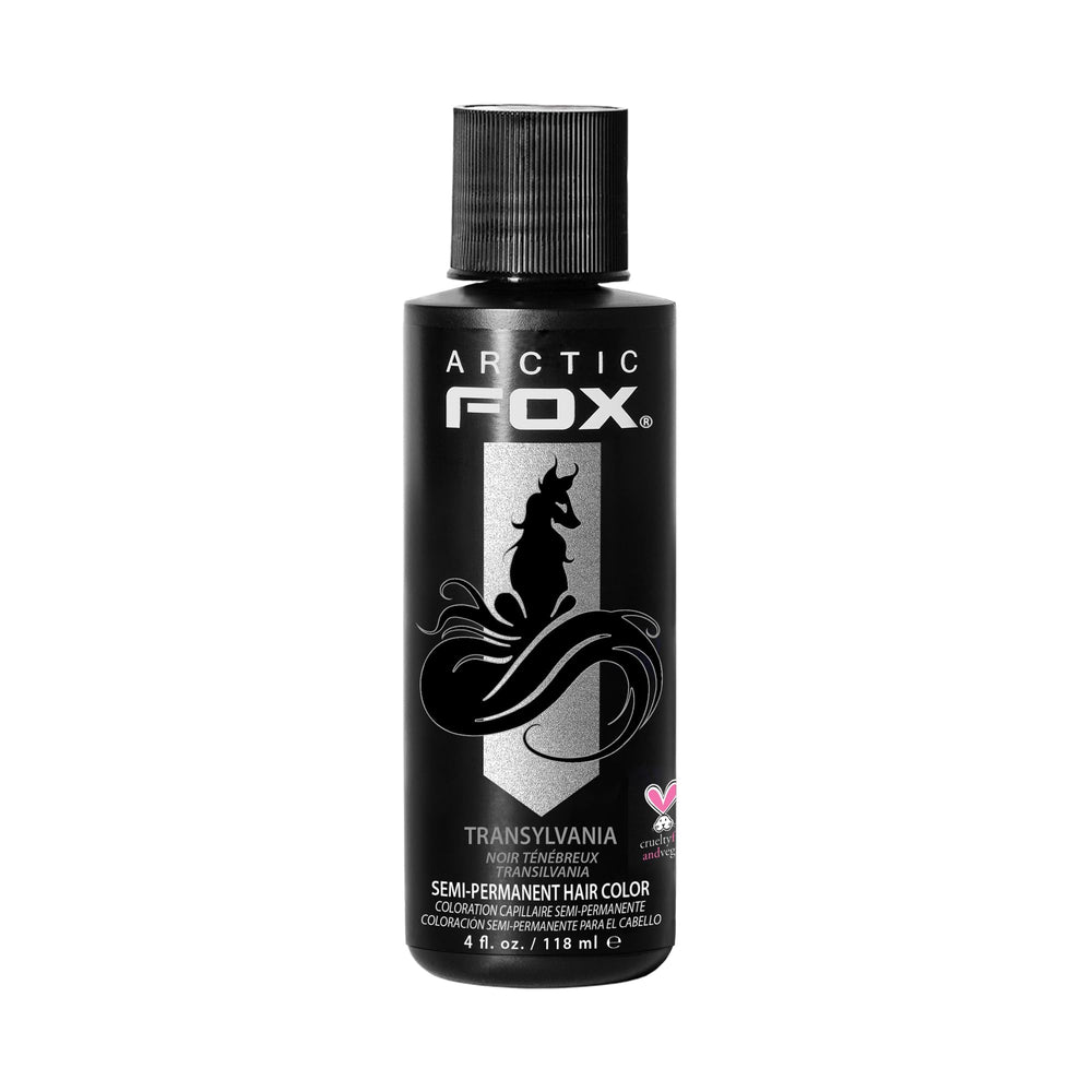 ARCTIC FOX Transylvania jet black bottle pour showing deep blue undertones for a bold look.