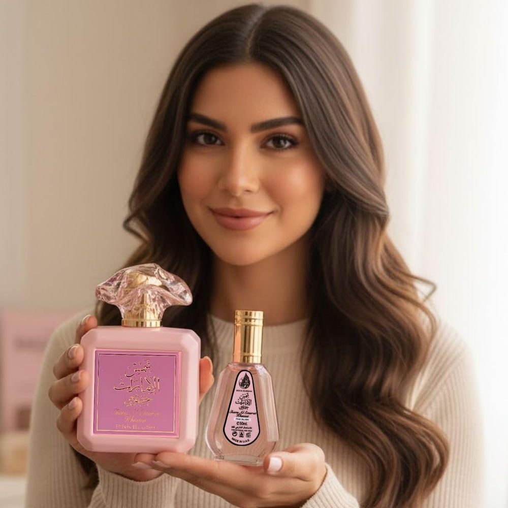 Lifestyle image of 100ml bottle with soft pink hue for elegance