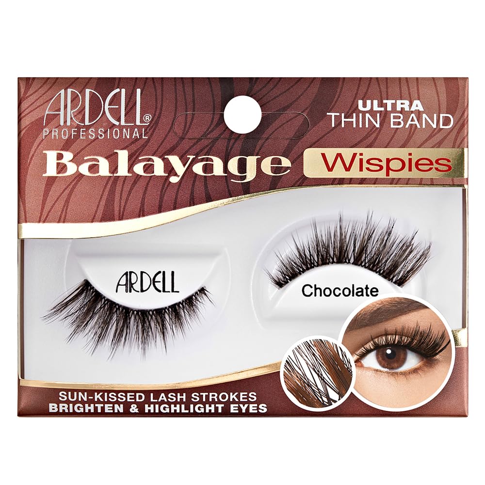 Ardell Balayage Wispies Chocolate lashes packaging shows sun-dipped highlights for natural flair.
