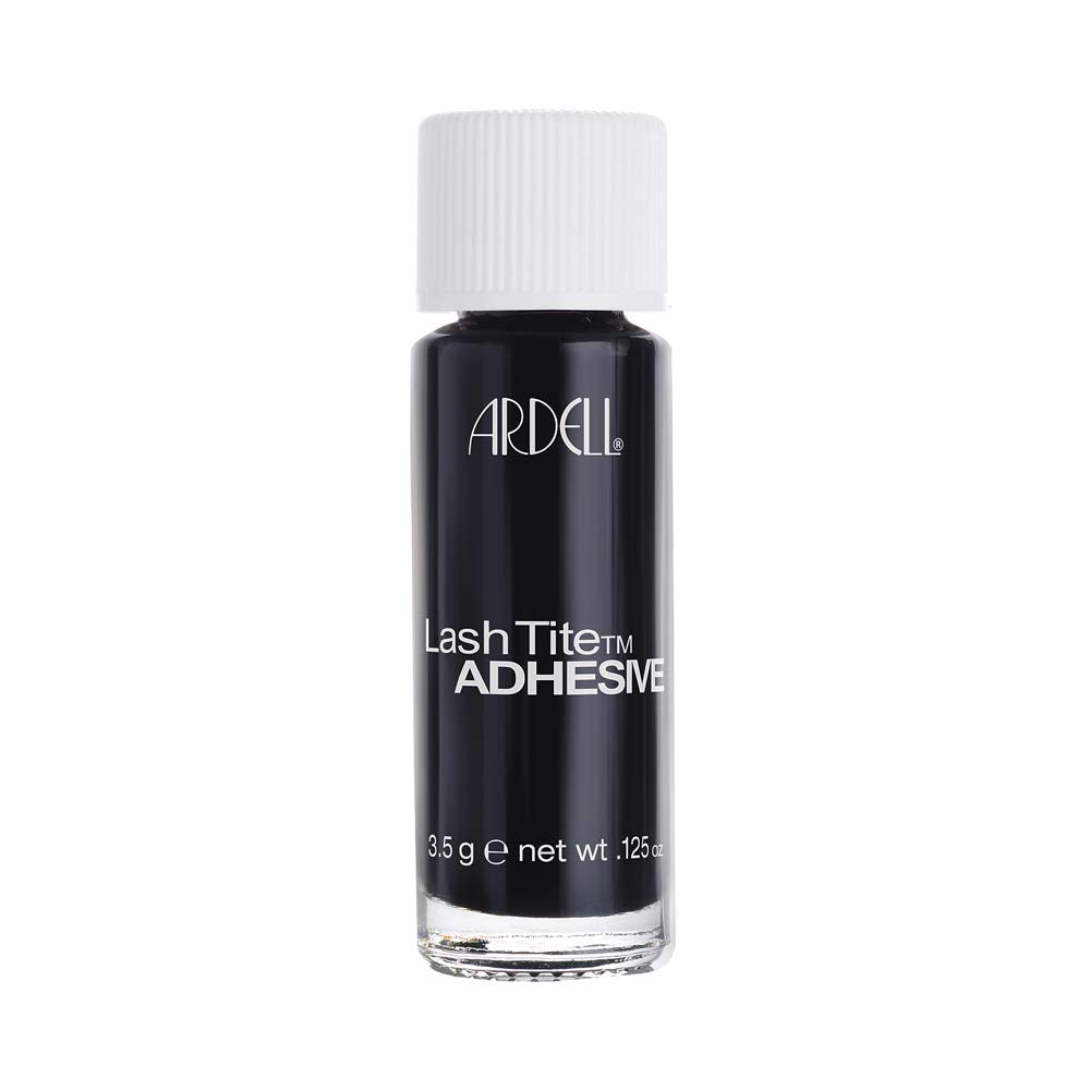 Ardell LashTite bottle close-up highlighting a low-fume, gentle adhesive for sensitive eyes.