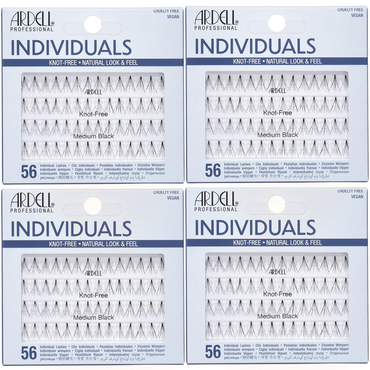Ardell Medium Black Individuals lashes with knot-free Invisiband for natural blending.