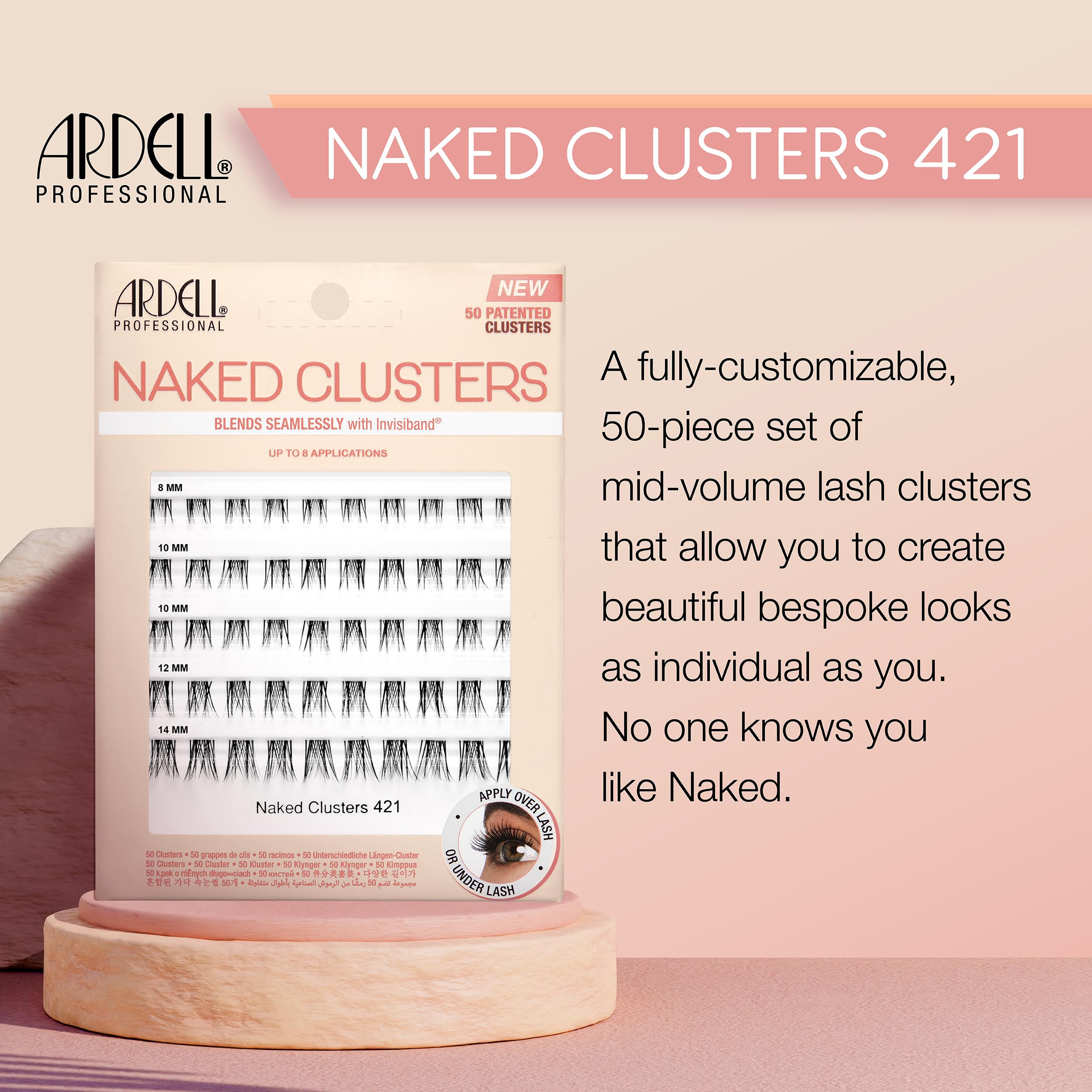 Ardell Naked Clusters 421 application tips illustrate DIY lash placement options.