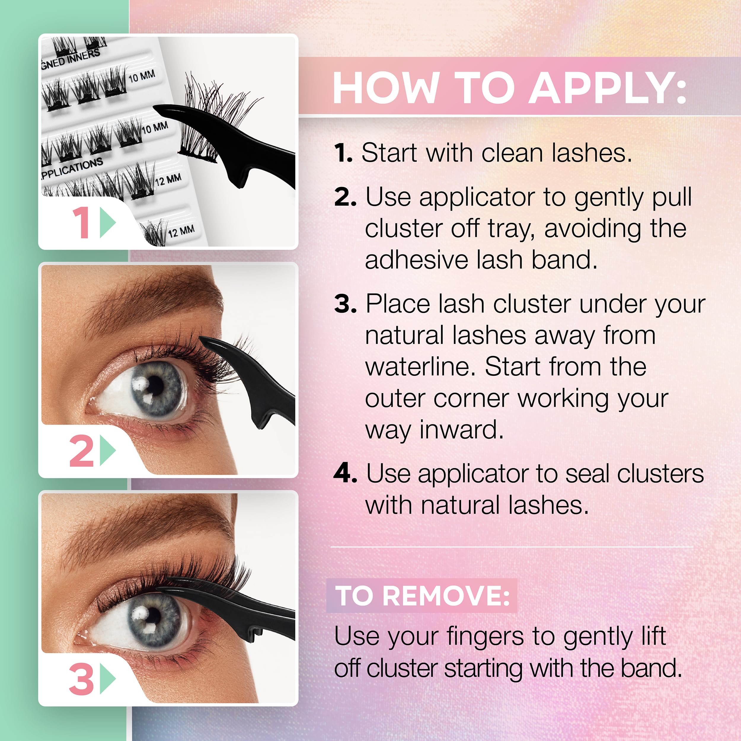 Underlash kit contents show 30 clusters across 8 mm, 10 mm, and 12 mm for customization.