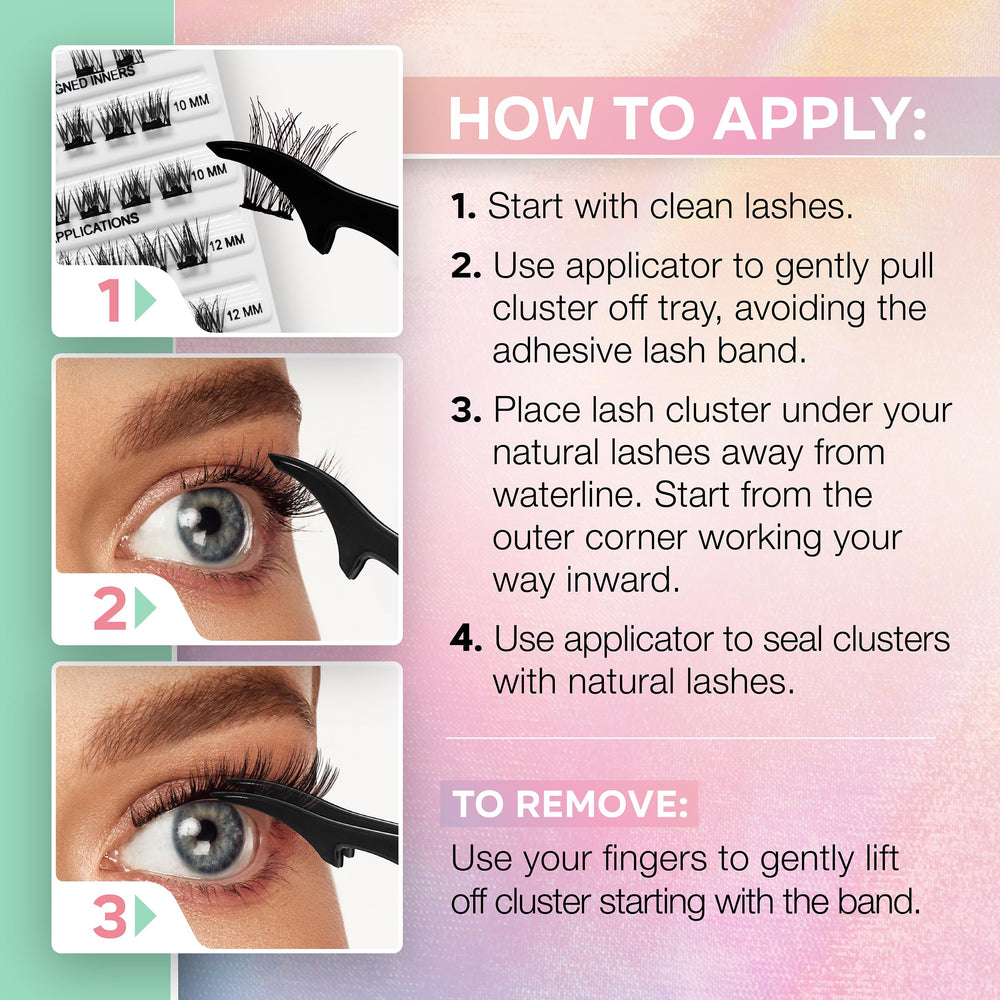 Underlash kit contents show 30 clusters across 8 mm, 10 mm, and 12 mm for customization.