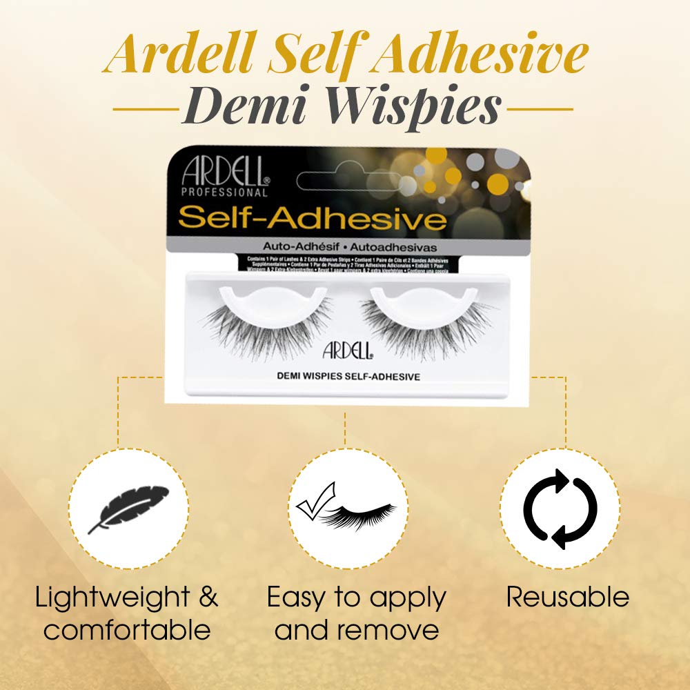 Ardell Self-Adhesive Demi Wispies closeup, handcrafted lashes add natural flutter without mascara.